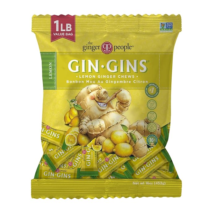 GIN GINS Lemon Ginger Chews – Natural Fresh Ginger Candy by The Ginger People – Individually Wrapped Healthy Candy – Lemon Flavor – Large 1 lb Bag (16oz) – Pack of 1