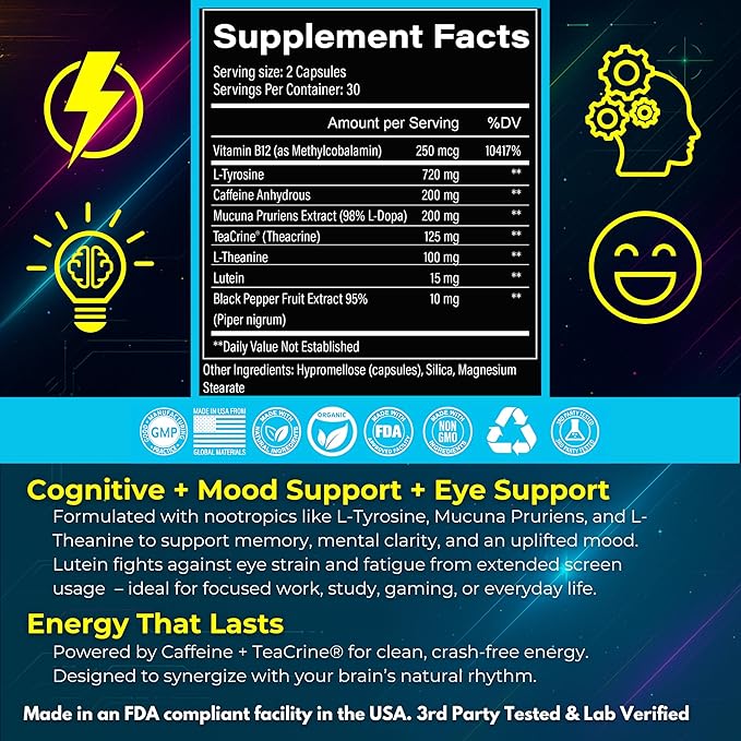 8-in-1 Premium Nootropic Brain Supplement – Focus, Energy & Mood Support – Brain Fog Relief & Reaction Time – with TeaCrine, L-Theanine, L-Tyrosine, Mucuna & More Natural Ingredients – Space Dust