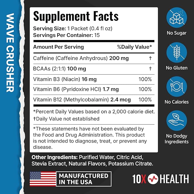 10X Health - Energy Wave Crusher - Energy Drink with 200mg Caffeine, BCAAs, B Vitamins, Accelerated Absorption - Tropical Punch Pre-Workout Drink - 15 Drink Mix Packets (Wave Crusher - Energy)