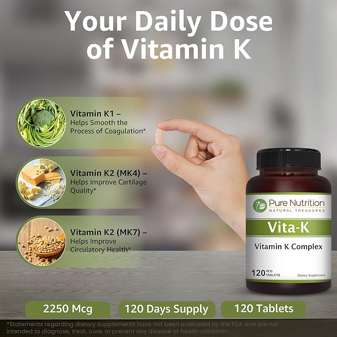 Pure Nutrition Vitamin K Complex K1 + K2 | 2250 mcg | 120 Tab | Full Spectrum K Vitamin Supplement with K1 1000mcg, K2 as MK4 1000mcg + K2 as MK7 250 mcg | Non GMO | Gluten Free