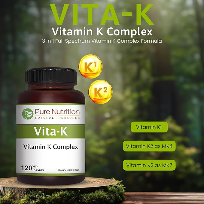 Pure Nutrition Vitamin K Complex K1 + K2 | 2250 mcg | 120 Tab | Full Spectrum K Vitamin Supplement with K1 1000mcg, K2 as MK4 1000mcg + K2 as MK7 250 mcg | Non GMO | Gluten Free