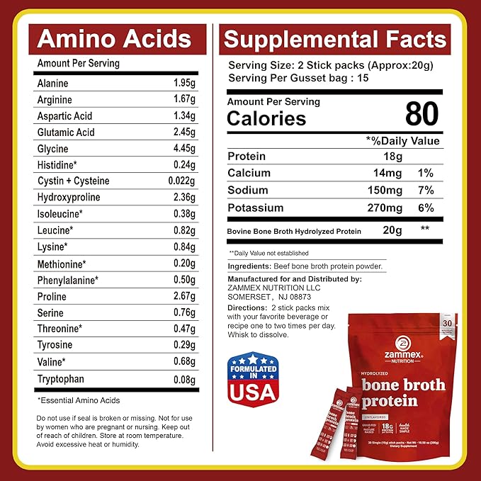 Zammex Bone Broth Packets-20g Collagen Protein-Beef Bone Broth Powder to Go-30 Travel Stick Packets-Supports Skin Nails Joints, Gut Health | Gluten-Free |Keto & Paleo Friendly (15 Servings)