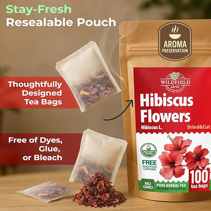 100 Bags Dried Hibiscus Flower Tea Herbal Flor De Jamaica (Hibiscus) - 100 Count 1.5g Tea Bags Dried Flowers Herb Hibisko
