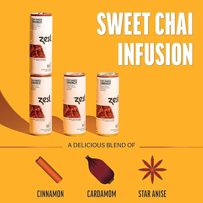 Zest Clean Energy Drink – Sweet Chai Infusion – 150mg Caffeine + 100mg L-Theanine – Natural Focus & Concentration Boost – Healthy Energy Drink 12oz Can 12 Pack – Low Sugar, No Artificial Sweeteners