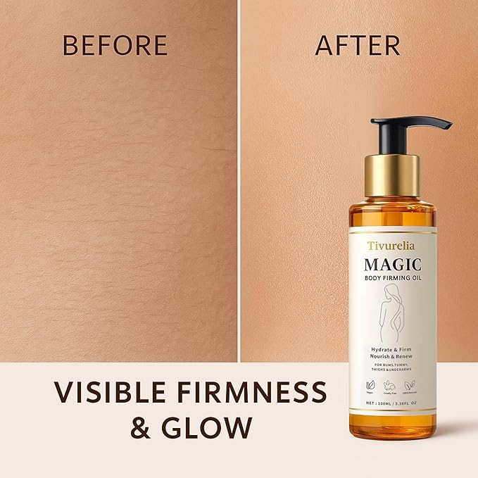 Magic Body Firming Oil – 50,000ppm Sweet Almond Oil + Rosehip & Evening Primrose Oils with Vitamin E & Essential Oils, Deep Hydration, Firming & Radiance, Lightweight Non-Greasy, 3.38 fl oz