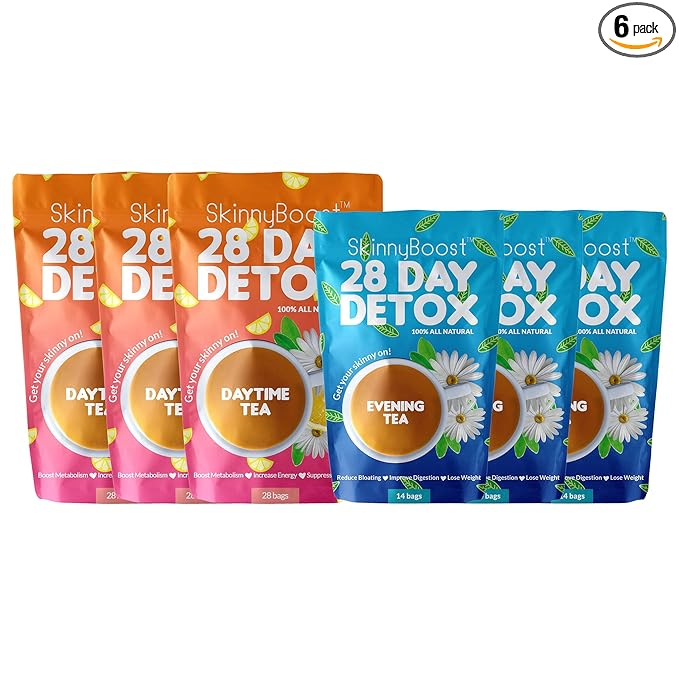 Skinny Boost Detox Tea Kit Slimming Tea for Weight, Metabolism, Energy, Bloating & Colon Cleanse – Green Tea, Herbal, Vegan, Keto, Non-GMO, Sugar-Free-6 PACK –1 Daytime (28 Bags) + 1 Evening -(14 Bags)