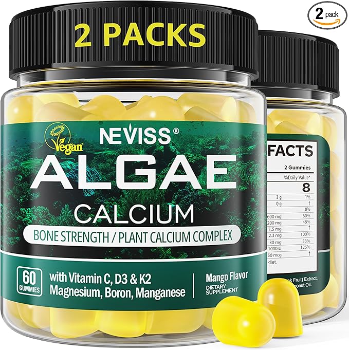 (2 Pack) Calcium Gummies for Women, Sugar Free Calcium Supplement from Sustainable Algae (3rd Party Tested) with Vitamin D3 K2, C, Zinc, Boron, Manganese for Bone Strength, Calcium Absoption, Vegan