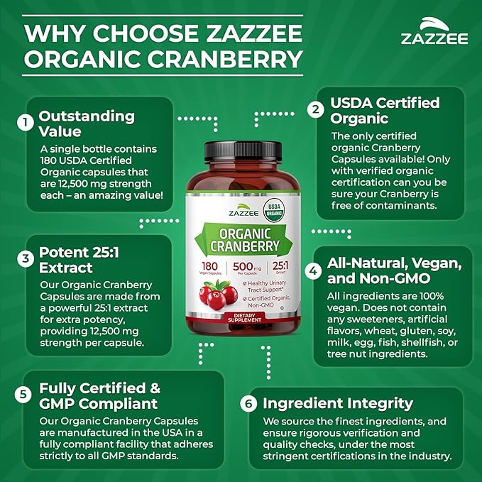 Zazzee USDA Organic Cranberry 25:1 Extract, 500 mg per Capsule, 180 Vegan Capsules, 6 Month Supply, Standardized, Concentrated 25X Extract, 100% Vegetarian, Certified Organic, Non-GMO All-Natural
