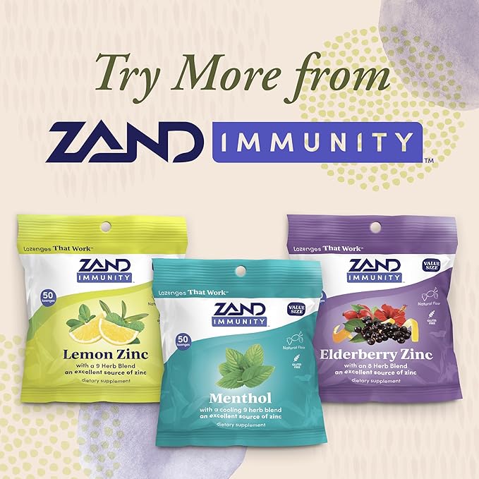 ZAND Immunity Menthol Throat Lozenges 2 Pack - Good-for-You Dry Mouth Lozenges - Immune Support Supplement w/Menthol, Zinc 5mg, Slippery Elm, Soothe a Dry Throat, Natural Flavor, Gluten Free, 50ct ea