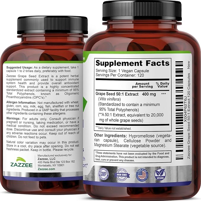 Zazzee High Strength Grape Seed 50:1 Extract, 120 Vegan Capsules, 95% Polyphenols, 400 mg per Capsule, 4 Month Supply, Standardized and Concentrated 50X Extract, Non-GMO, Made in The USA