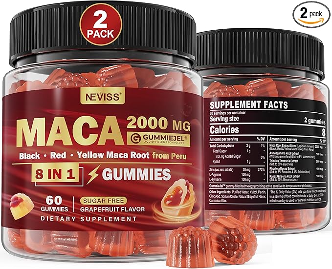 2 Pack Sugar Free Maca Root Gummies 2000mg with Ashwagandha, Tribulus Terrestris, Rhodiola, Panax Ginseng, L Arginine & L Tyrosine - Organic Black Red Yellow Maca Root for Women Men Energy Support