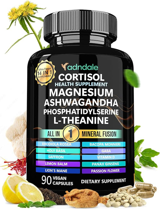 Adndale Cortisol Supplements for Women. Cortisol Manager 14-in-1 Ashwagandha Supplement with Magnesium Glycinate, L-Theanine & More. Support Stress Management & Stamina. 90 Capsules.
