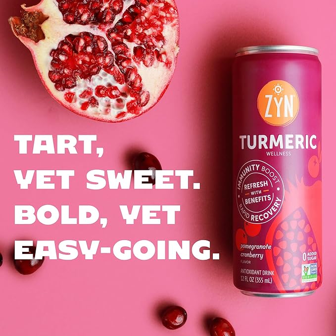ZYN Turmeric Wellness Drink (6 Pack), Pomegranate Cranberry Flavored Turmeric Curcumin Drink with Black Pepper, No Added Sugar, Low Carb & Low Calorie Drink, Clean Alternative