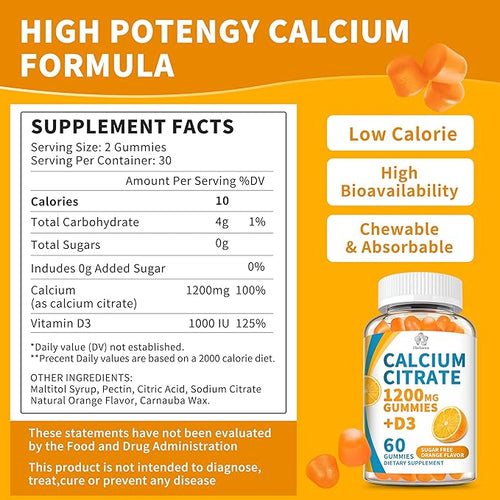 (2 Pack) Calcium Citrate 1200 mg Gummies with Vitamin D3, High Absorption Calcium Supplements for Women & Men, Sugar Free, Non-GMO, Gluten Free, Supports Muscle & Immune - Orange Flavor