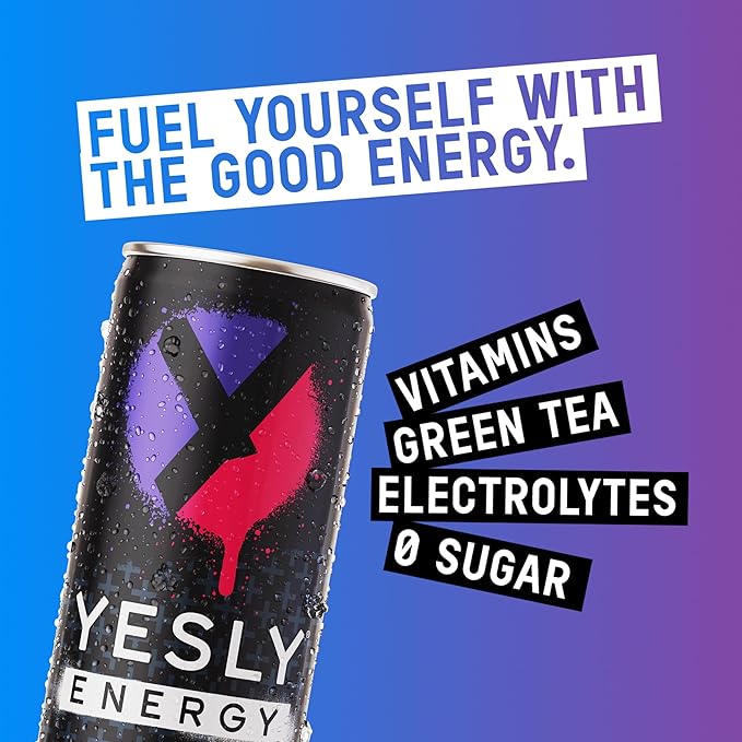 Yesly Energy Drink, Mixed Berry, Naturally Flavored Sparkling Energy Drink With Electrolytes, Magnesium, Potassium, Vitamin C, B6 & B12, Natural Caffeine From Green Tea, 12 Fl Oz Cans, 12 Pack