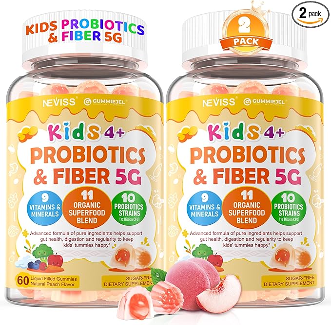 2Pack Probiotics for Kids Teen + Veggie & Fruit Fiber Gummies, with 12 Billion CFU Probiotic, Organic Inulin Prebiotics Fiber, Methyl B12 B6 C for Children's Digestive & Gut, Immune Health, Sugar Free