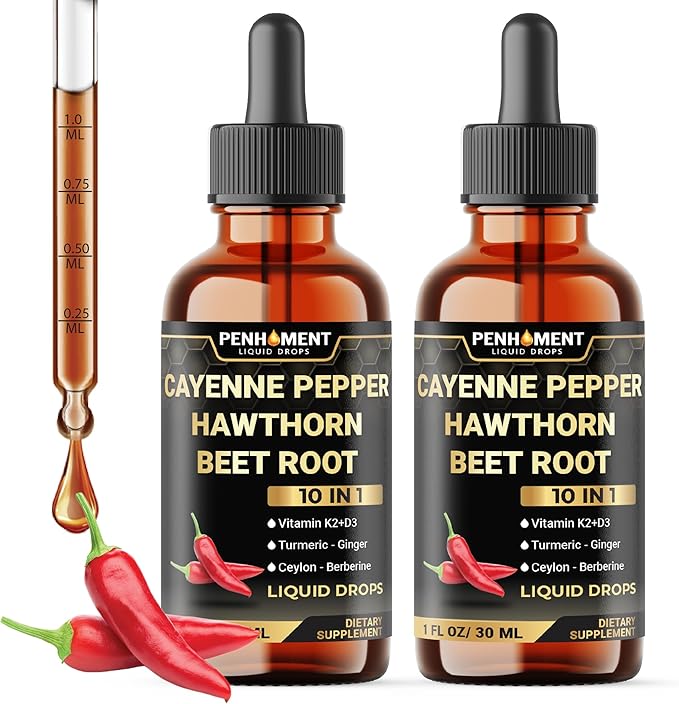 2 Packs - 2700 mg 10in1 Cayenne Pepper Liquid Drops with Hawthorn Berry, Vitamin D3 K2, Beet Root, Ginger Turmeric, Ginger, Ceylon Cinnamon, Berberine, and Ginseng - 2 Months