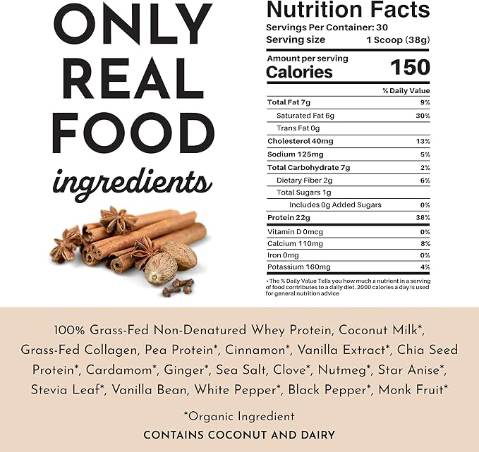 JUST INGREDIENTS Chai Protein Powder – 30-Serving Blend with 100% Grass-Fed Whey & Organic Plant Proteins – Warm Spice Flavor with Cinnamon, Ginger & Cardamom – Supports Muscle Recovery, Energy*