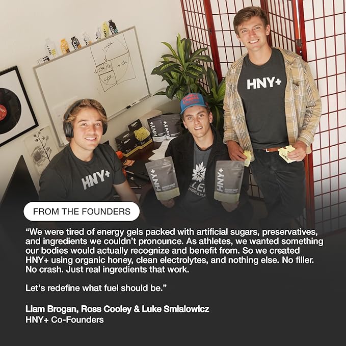 HNY+ Buzz Organic Honey Energy Gel with Electrolytes, Magnesium, Sea Salt, Potassium & Green Tea Caffeine, Gluten Free & Vegan, Workout Gels, for Gym, Running & Hiking, 50mg Caffeine, 12 Pack