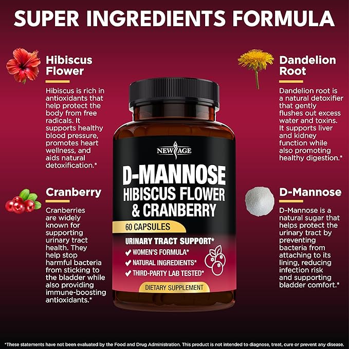 NEW AGE D-Mannose with Cranberry & Hibiscus - High Strength for Urinary Tract Health - Supplement for Women - Bladder, Liver & Microflora Support - Made in USA - Vegan, 180 Capsules