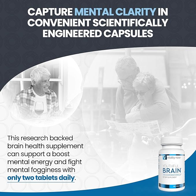 Youthful Brain | Memory & Brain Health Support Supplement - Brain Booster Clarity with Bacopa Monnieri, Ginkgo Biloba, B12 - Easy to Swallow Tablets - 30-Day Supply (60 Count)