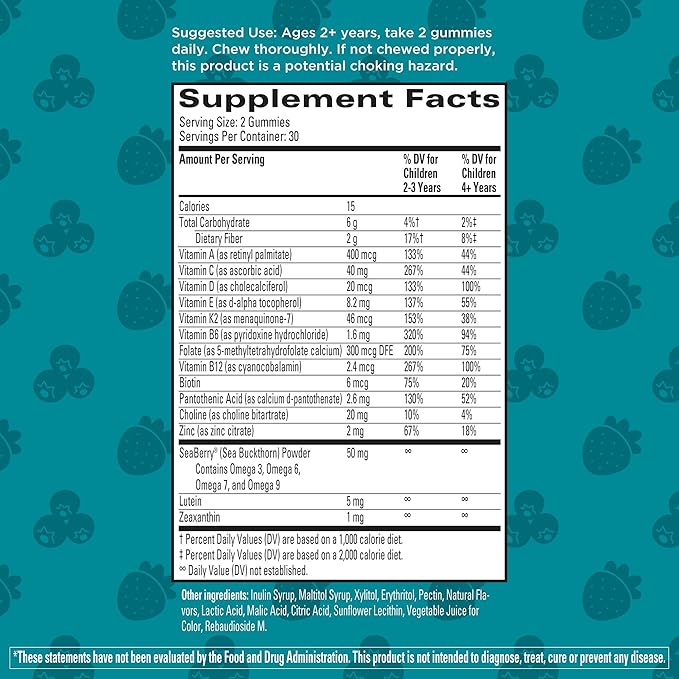 Hyland's Kids Multivitamin + Brain & Eye Health, Sugar Free Natural Mixed Berry Flavored Gummies with Choline, Lutein & Omegas, 60ct Bottle