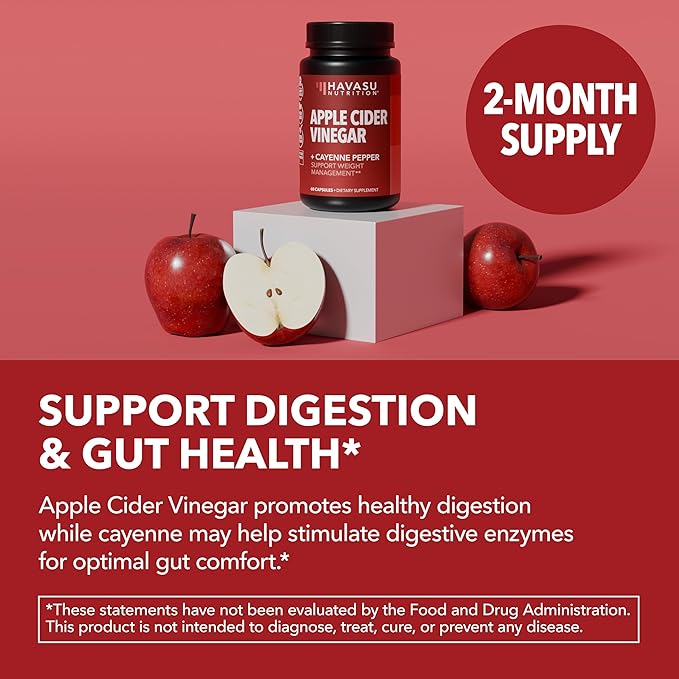 HAVASU NUTRITION Apple Cider Vinegar Capsules with 500mg Apple Cider Vinegar and 20mg Cayenne Pepper - Bloating Relief and Appetite Suppressant; Non-GMO; 60 Capsules for Men and Women