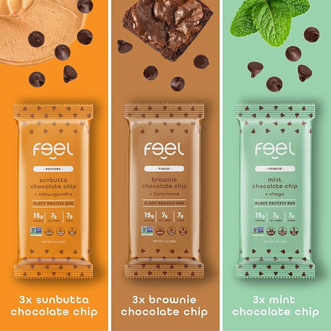 Feel Vegan Protein Bars | Chocolate Lovers | Keto | Gluten Free | Organic | Lions Mane | Chaga | Ashwagandha | 15g Protein | Low Sugar | Non GMO | Sunbutta + Brownie + Mint - 9 Pack