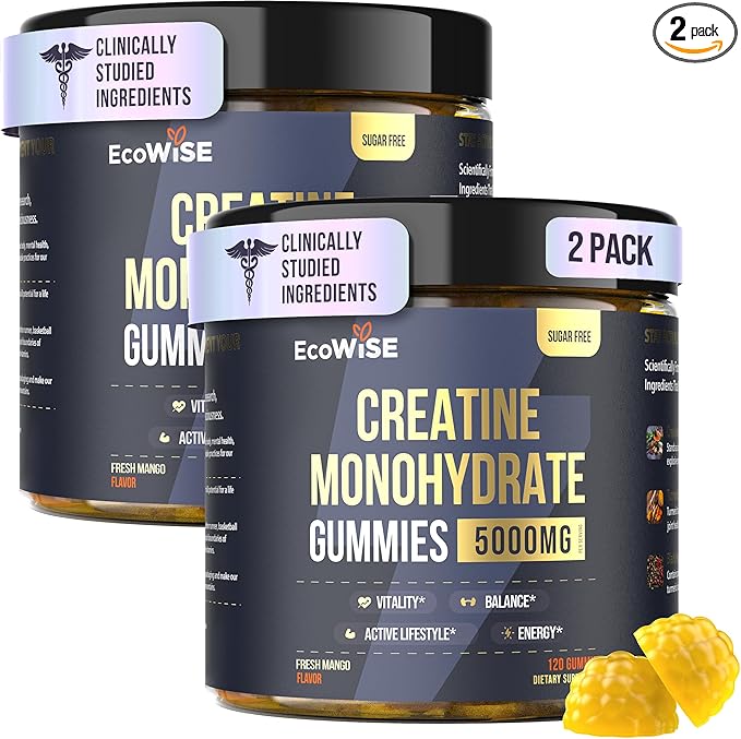 2 Pack Creatine Monohydrate Gummies 5000 mg, Fresh Mango Flavor, 120 Sugar-Free Vegan Chews, Creatine Supplement for Daily Routine