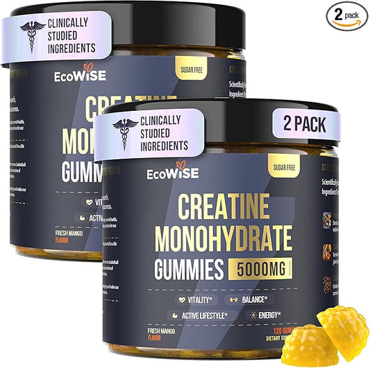 2 Pack Creatine Monohydrate Gummies 5000 mg, Fresh Mango Flavor, 120 Sugar-Free Vegan Chews, Creatine Supplement for Daily Routine
