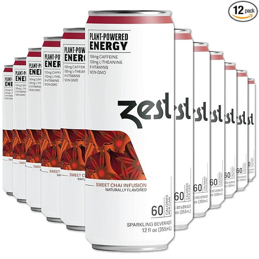 Zest Clean Energy Drink – Sweet Chai Infusion – 150mg Caffeine + 100mg L-Theanine – Natural Focus & Concentration Boost – Healthy Energy Drink 12oz Can 12 Pack – Low Sugar, No Artificial Sweeteners