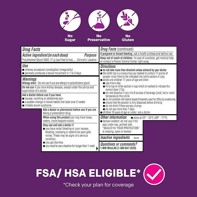 MiraLAX Laxative Powder, Gentle Constipation Relief for Adults, Stool Softener with PEG 3350, Nonstimulant Laxative, No Harsh Side Effects, Osmotic Laxative, 45 Dose