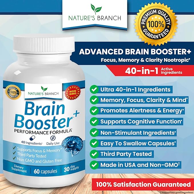 40-in-1 Brain Booster Supplement for Focus, Memory, Clarity, Energy | Advanced Vitamins Plus eBook | for Men & Women, Cognitive Function Nootropic Support with DMAE, Mind Health Formula | 60 Capsules