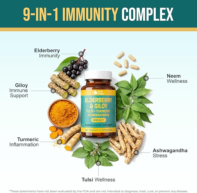 Pure Prana Elderberry & Giloy Capsules - Ayurvedic 10-Herb Immune Support with Tulsi, Neem, Turmeric & Ginger - Vegan Seasonal Defense Supplement for Adults - 60 Capsules