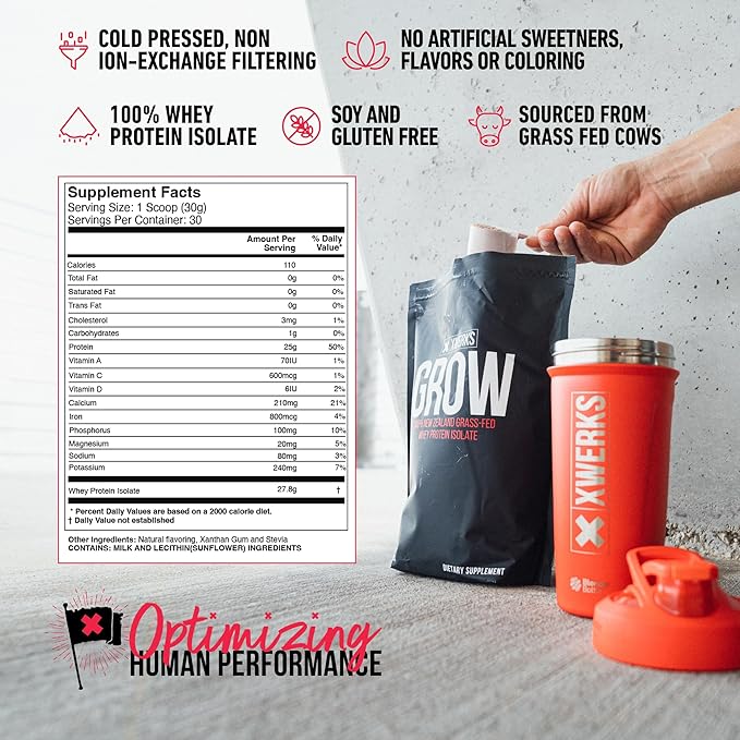 Xwerks Grow 100% New Zealand Grass Fed Whey Protein, 25g Pure Isolate Protein Powder Per Serving, All Natural Paleo and Keto Friendly, Soy Free Gluten Free Easy to Digest, Chocolate, 30 Servings