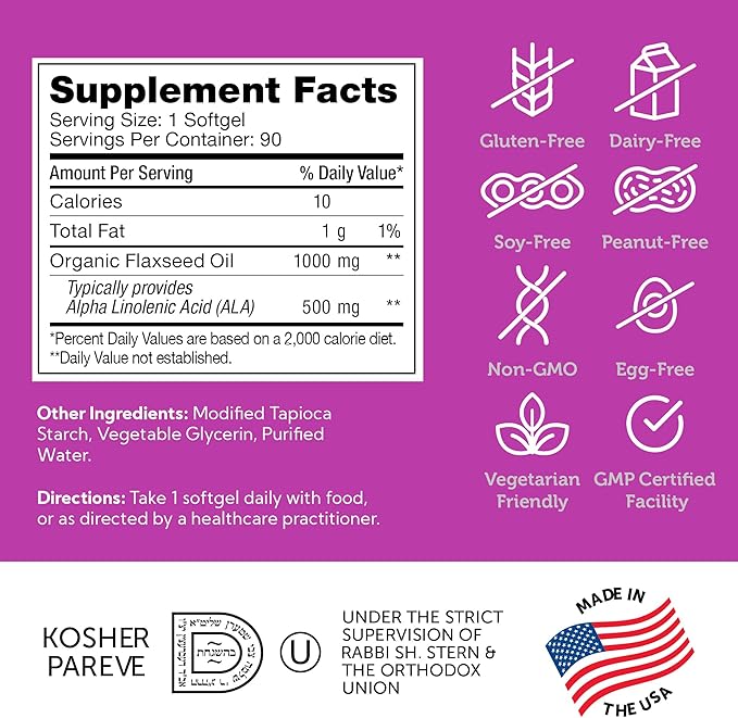 Zahler Organic Flaxseed Oil - 1000mg Softgels - Cold-Pressed Organic Flax Seed Oil - Organic Omega 3 ALA Supplement - Kosher Non-GMO Gluten Free Vegetarian-Friendly Flaxseed Supplement (90 Count)