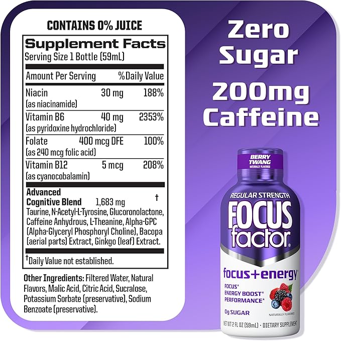 Focus Factor Focus + Energy Shots - 12 x 2oz Bottles (Berry Twang Flavor) - Powered by Nootropics with Caffeine, L-Theanine, Ginkgo, Bacopa, L-Tyrosine, Alpha GPC