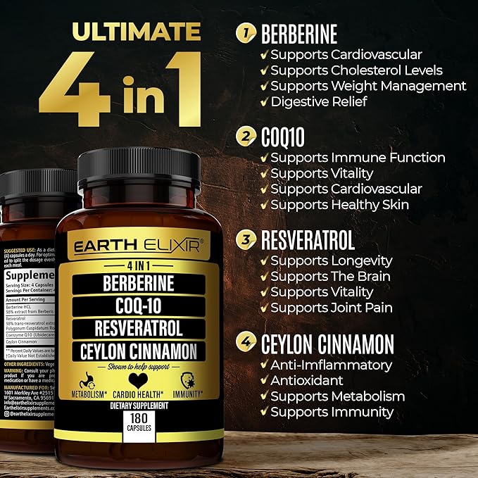4-in-1 Berberine Supplement 1160mg (180 Caps) w/ 180mg COQ10, 380mg Resveratrol & 120mg of Ceylon Cinnamon –3rd Party Tested– Berberine w/Ceylon Cinnamon Supplements –Max Purity– CO Q 10