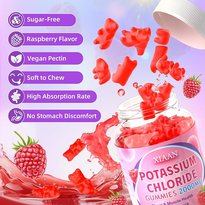 Potassium Gummies for Women & Men, High Dose 2000mg Potassium Chloride Supplement Gummies for Leg Cramps & Electrolyte Balance, Vegan/Sugar-Free/Gluten Free, Raspberry Flavor 120 Count