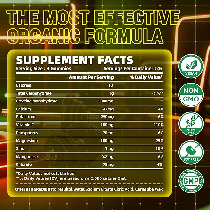 Zipvit Creatine Monohydrate Gummies (5g) – Pre-Workout Energy & Muscle Growth Support for Men & Women | Pineapple Electrolyte Gummies (135 Count)