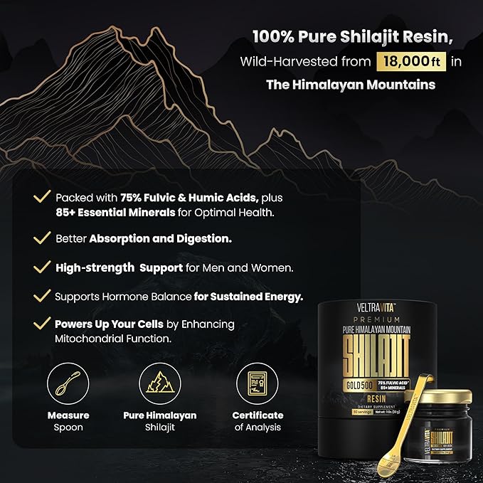 100% Pure Himalayan Shilajit Resin Gold 500 Organic | High Potency 75%+ Fulvic Acid, Humic Acid & 85+ Trace Minerals | Natural Energy & Immune Support for Men & Women | Lab Tested