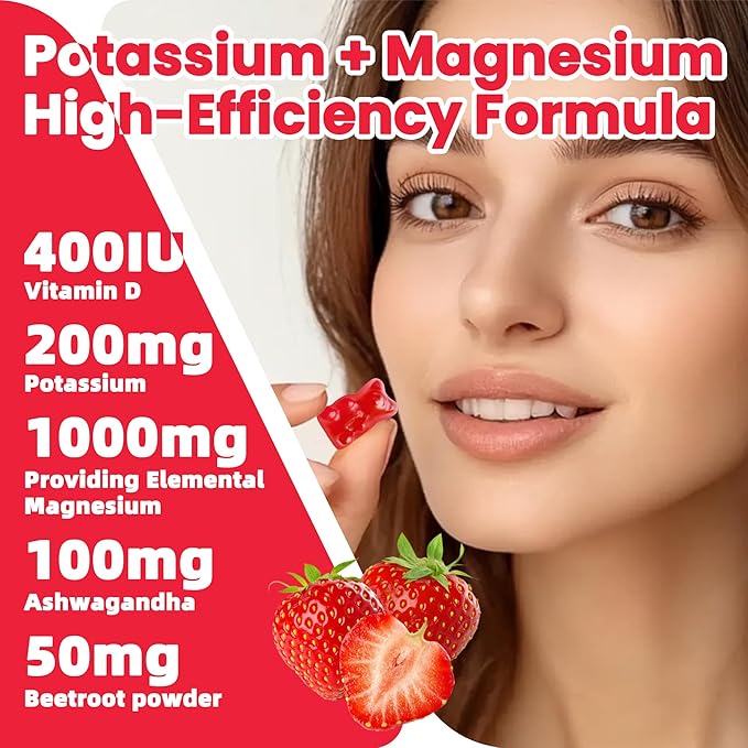Potassium Magnesium Gummies,Potassium Supplement w/Ashwagandha,High Absorption Magnesium Glycinate,B6,D3,Potassium Citrate,Electroyte for Adults Kids,Sugar-Free, 120 Strawberry Chews