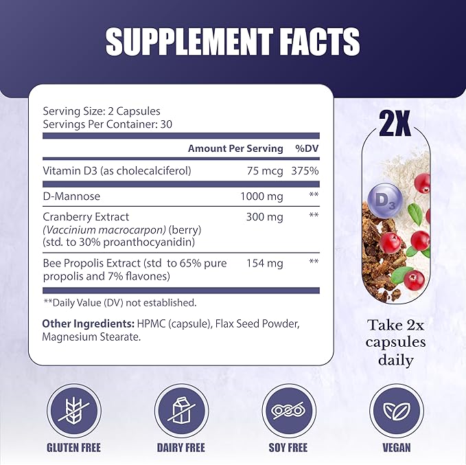 UroBliss Formula for Urinary Tract Support - D Mannose 1000mg Capsules with Cranberry Extract for Feminine Care and UTI-Health, 60 Capsules