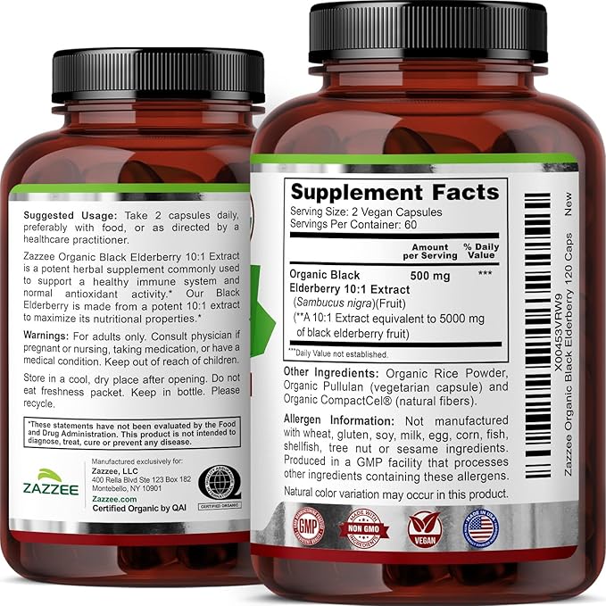 Zazzee USDA Organic Black Elderberry 10:1 Extract, 5000 mg Strength, 120 Vegan Capsules, 2 Month Supply, Standardized, Concentrated 10X Extract, 100% Vegetarian, All-Natural, Non-GMO, Made in The USA