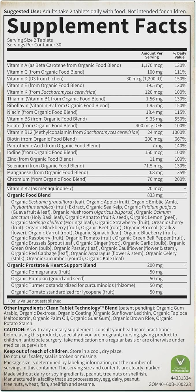 Garden of Life Organics Whole Food Multivitamin for Men 40+, 60 Tablets, Vegan Mens Multi for Health, Well-Being Certified Organic Whole Food Vitamins, Minerals for Men Over 40, Mens Vitamins