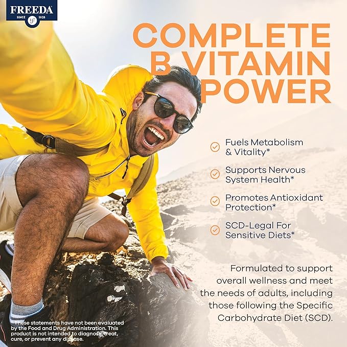 FREEDA Vitamin B Complex with Vitamin C & Zinc – Stress B Complex, Methylfolate & Active B12 + B1 B2 B3 B6 Biotin Choline – BComplex Vitamins for Women & Men – SCD Legal, Kosher, Vegan (60 Capsules)