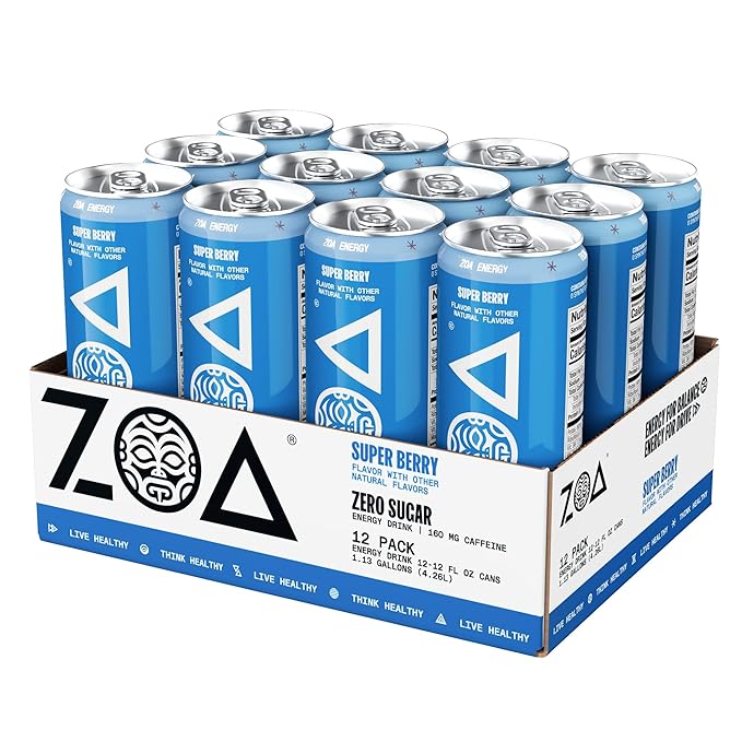 ZOA Zero Sugar Energy Drinks, Super Berry - Sugar Free with Electrolytes, Healthy Vitamin C, Amino Acids, Essential B-Vitamins, and Caffeine from Green Tea - 12 Fl Oz (12-Pack)