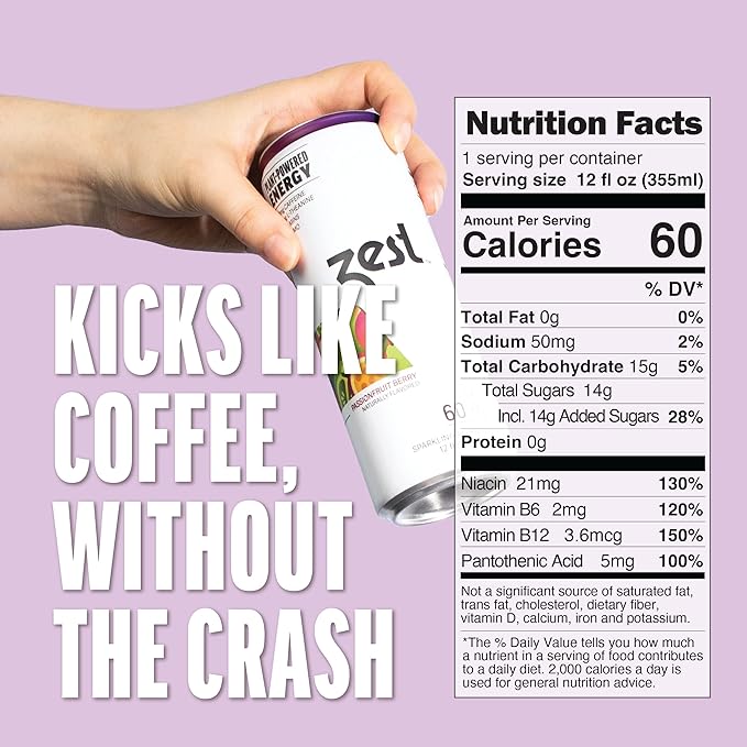 Zest Clean Energy Drink – Passionfruit Berry – 150mg Caffeine + 100mg L-Theanine – Natural Focus & Concentration Boost – Healthy Energy Drink 12oz Can 12 Pack – Low Sugar, No Artificial Sweeteners