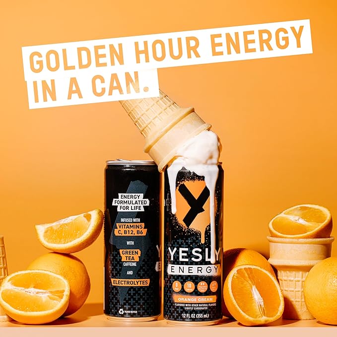 Yesly Energy - All Natural Clean Energy Drink - Zero Sugar Functional Energy – 114mg of Green Tea Extracted Caffeine Per Serving - Variety Pack, 12 Fl Oz (Pack of 12) (12 Fl Oz (Pack of 12), Orange Cream)