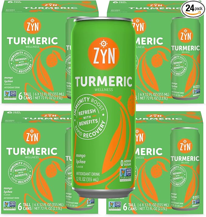 ZYN Turmeric Wellness Drink (24 Pack), Mango Lychee Flavored Turmeric Curcumin Drink with Black Pepper, No Added Sugar, Low Carb & Low Calorie Drink, Clean Alternative
